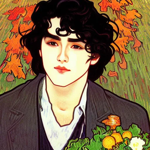 Image similar to painting of young cute handsome beautiful dark medium wavy hair man in his 2 0 s named shadow taehyung and cute handsome beautiful min - jun together at the graveyard party, ghostly, haunted gravestones, ghosts, autumn! colors, pretty, elegant, wearing suits!, clothes!, delicate facial features, art by alphonse mucha, vincent van gogh, egon schiele