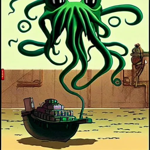 Prompt: cthulhu starring in the movie spirited away, anime. studio ghibli