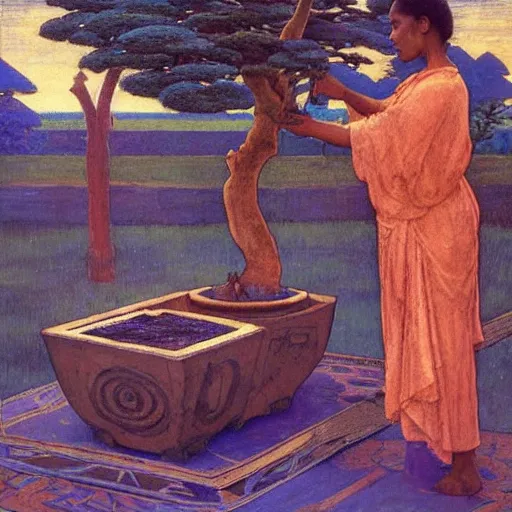 Image similar to Old African gardener cutting bonsai trees, gray hair, idyllic Garden, by Annie Swynnerton and Nicholas Roerich and jean delville, glowing paper lanterns, strong dramatic cinematic lighting , ornate tiled architecture, lost civilizations, smooth, sharp focus, extremely detailed