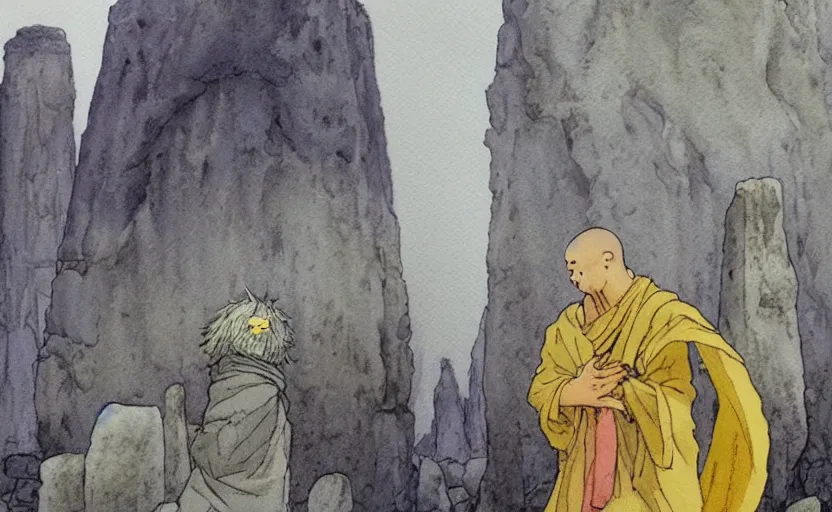 Prompt: a hyperrealist anime watercolor fantasy concept art of a giant monk with a grey robe and a small grey alien with a yellow robe in stonehenge on a misty night. several immense stones are floating in the air. by rebecca guay, michael kaluta, charles vess