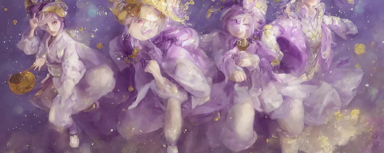 Prompt: Full View of a mysterious kpop fairy maidens with short blond hair wearing an oversized purple Beret, Baggy Purple overall shorts, Short Puffy pants made of silk, silk shoes, a big billowy scarf, Golden Ribbons, white leggings Covered in stars. Short Hair. peasant magic. masterpiece 4k digital illustration by Ruan Jia and Mandy Jurgens and Artgerm and william-adolphe bouguereau, award winning, Artstation, art nouveau aesthetic, Alphonse Mucha background, intricate details, realistic, panoramic view, Hyperdetailed, 8k resolution, intricate art nouveau, smooth, sharp focus