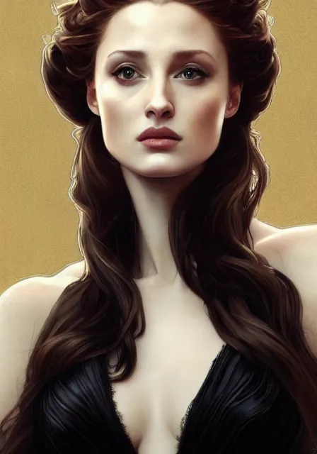 Prompt: sansa angeline jolie gessica chastain in black, intricate, elegant, highly detailed, digital painting, artstation, concept art, smooth, sharp focus, illustration, art by artgerm and greg rutkowski and alphonse mucha and william - adolphe bouguereau