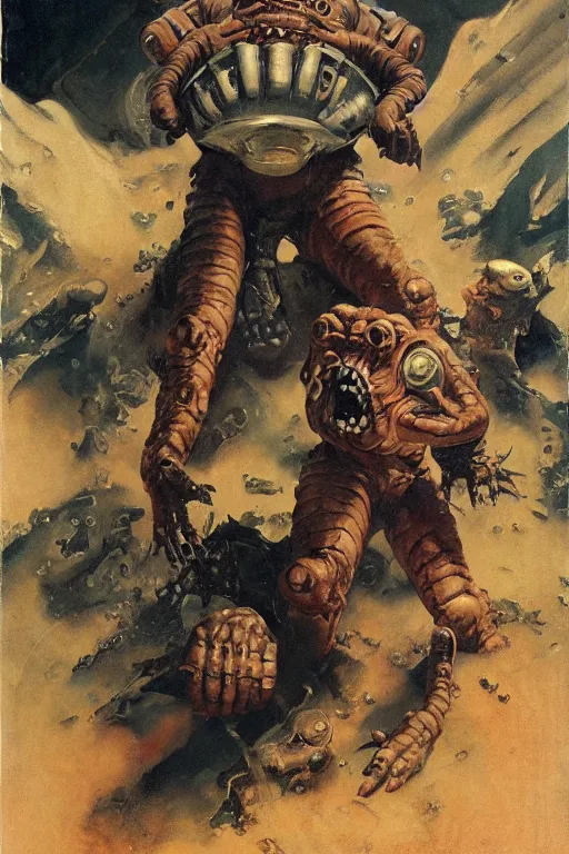 Image similar to 5 0 s pulp scifi fantasy illustration monster on mars, by norman rockwell, roberto ferri, daniel gerhartz, edd cartier, jack kirby, howard v brown, ruan jia, tom lovell, frank r paul, jacob collins, dean cornwell, astounding stories, amazing, fantasy, other worlds