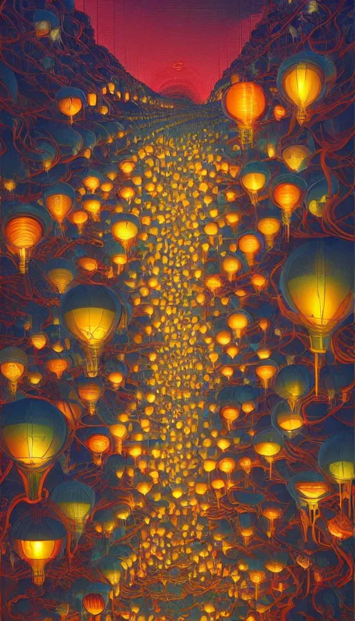 Prompt: The land of luminous lanterns, italian futurism, Dan Mumford, da vinci, Josan Gonzalez