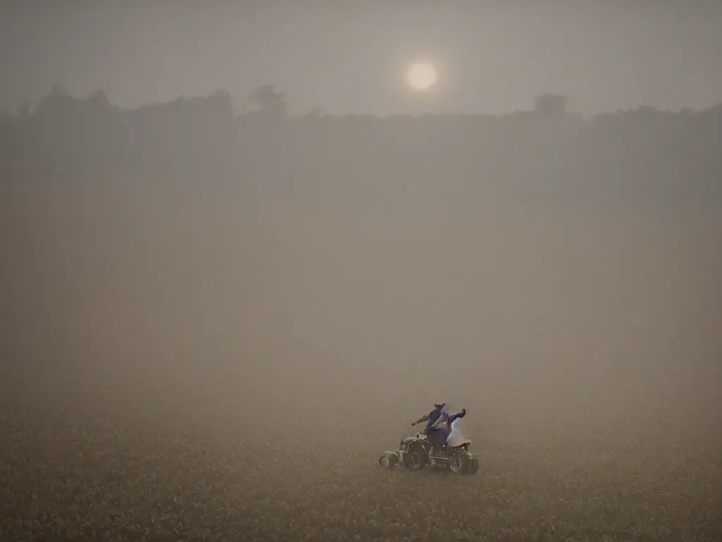 Image similar to farmer riding his flying machine to harvest crops at a vertical farm in blade runner 2 0 7 2, cinestill, denis villeneuve, atmospheric, morning light, foggy, distant, futuristic, muddy and dirty, ultra - hd, ultra - realistic