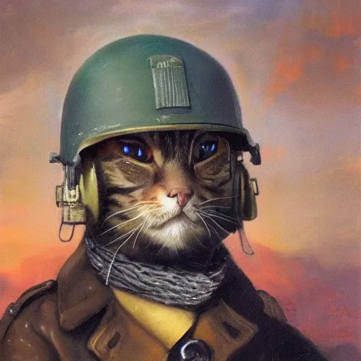 Prompt: heroic cat pilot, ww 2, wearing a vintage pilot helmet and a scarf, and vintage light aviator jacket, painted by rembrandt, intricate, detailed, atmospheric lighting, golden hour.