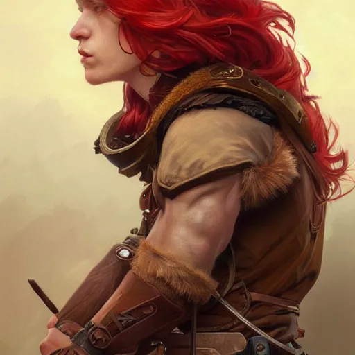 Image similar to portrait of a young curious ranger, male, masculine, upper body, red hair, long hair, soft hair, D&D, fantasy, intricate, elegant, highly detailed, digital painting, artstation, concept art, matte, sharp focus, illustration, art by Artgerm and Greg Rutkowski and Alphonse Mucha