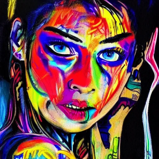 Prompt: a sketch, ultra detailed, colorful, magic, cosmos, beautiful woman, eyes with fire, similar to jennifer laurence, surreal, in style of jean - michel basquiat, trending on artstation