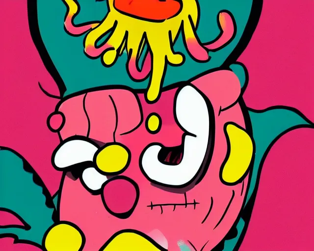 Image similar to mischief the clown, interface, umami, u m a m i, youtube series, digital illustration, flat - shaded, pink monster clown, red lips with yellow teeth, big red nose, large yellow eyebrows, pink spaghetti body