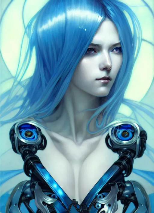 Image similar to beautiful anime cyborg woman, blue hair, blue light, diffuse lighting, fantasy, intricate, elegant, highly detailed, lifelike, photorealistic, digital painting, artstation, illustration, concept art, smooth, sharp focus, art by John Collier and Albert Aublet and Krenz Cushart and Artem Demura and Alphonse Mucha