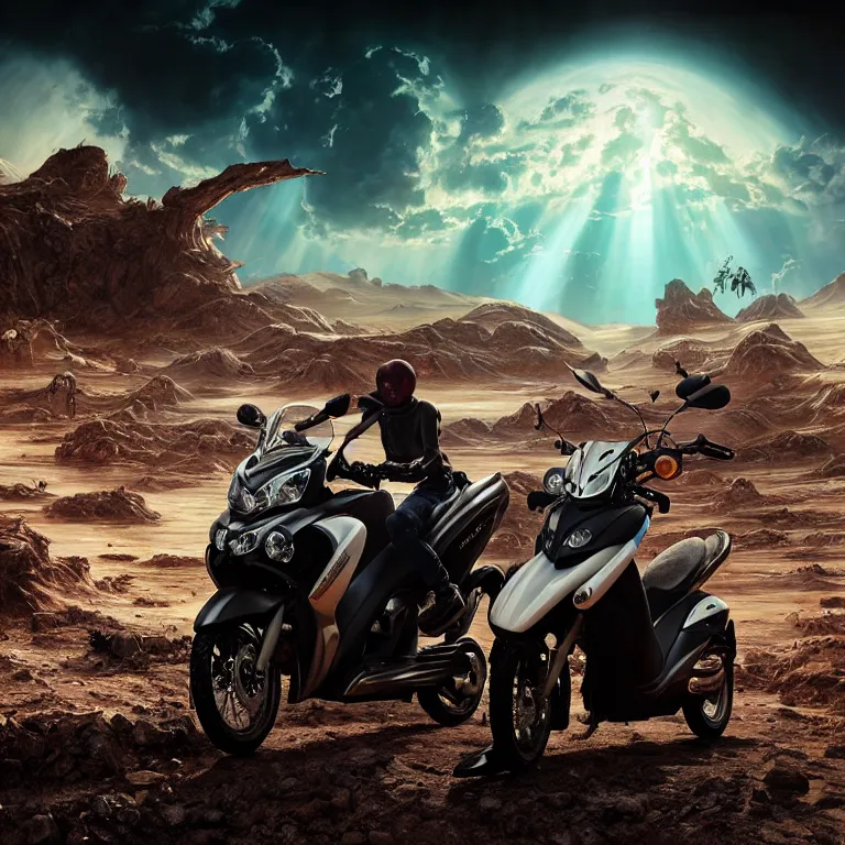 Prompt: landscape ad for yamaha aerox 2 0 0 4 motorbike in dirty wastelands on exoplanet, baroque painting, dramatic sky, beautiful intricate insanely detailed octane render, artstation, 8 k artistic photography, photorealistic, volumetric perfect light, chiaroscuro, raphael, caravaggio, beksinski, rutkowski, giger