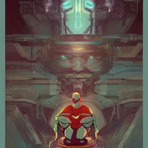 Image similar to comic book illustration, cyberpunk concept art, a portrait of a cybernetic monk meditating in lotus pose, art by josan gonzales and wlop, highly detailed, intricate, sci-fi, sharp focus, Trending on Artstation HQ, deviantart