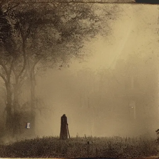 Prompt: death with a scythe on his shoulder walking surrounded by wandering souls, a house garden, night, fog, 1 9 0 0's photo