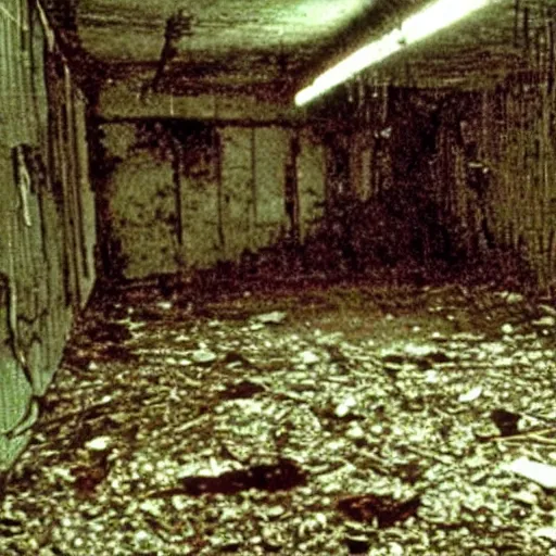 Prompt: vhs footage of a creepy basement with a plastic bag filled with blood lying on the decrepit concrete floor, photo taken with flash, found footage, horror, blair witch, by Trevor Henderson
