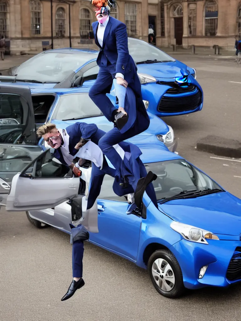 Image similar to !dream Sir Kier Starmer wearing a blue suit jumping on top of a toyota yaris