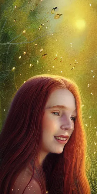 Image similar to infp young woman, smiling amazed, golden fireflies lights, sitting in the midst of nature fully covered, long loose red hair, intricate linework, green eyes, small nose with freckles, oval shape face, realistic, expressive emotions, dramatic lights spiritual scene, hyper realistic ultrafine art by michael cheval, jessica rossier, boris vallejo