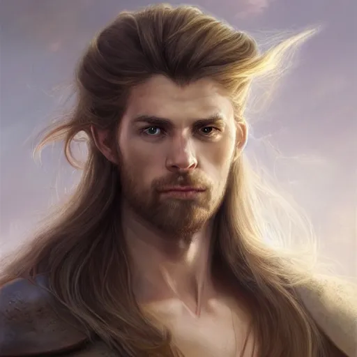 Image similar to portrait, handsome long - haired male fantasy paladin, blond, rpg game, stern expression, main character, highly detailed, digital painting, artstation, concept art, smooth, sharp focus, illustration, artgerm, tomasz alen kopera, peter mohrbacher, donato giancola, joseph christian leyendecker, wlop, frank frazetta