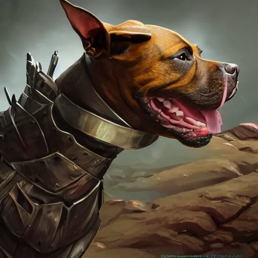 Image similar to Staffordshire bull terrier Dog, battle armour, Anthropomorphized, casting epic spell, magic the gathering artwork, D&D, fantasy, cinematic lighting, centered, symmetrical, highly detailed, digital painting, artstation, concept art, smooth, sharp focus, illustration, volumetric lighting, epic Composition, 8k, art by Akihiko Yoshida and Greg Rutkowski and Craig Mullins, heroic pose, oil painting, cgsociety, magic lab background