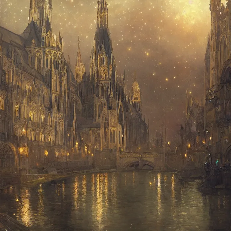 Image similar to a beautiful painting of the view from the river of ancient london cathedrals, at night with a sky full of stars, intricate, elegant, highly detailed, digital painting, artstation, concept art, by krenz cushart and artem demura and alphonse mucha