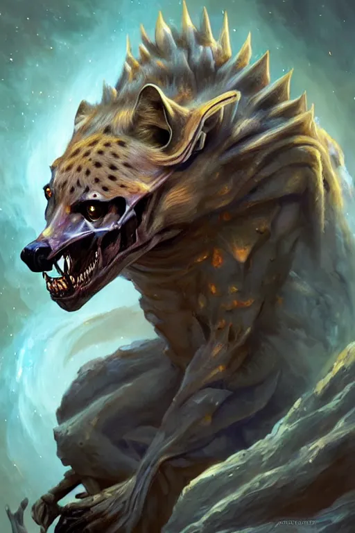 Image similar to beautiful oil painting with high detail and of a Hyena-Skeleton-Plasma-Galaxy God hybrid from dungeons and dragons and art direction by James Cameron ;by artgerm; wayne reynolds art station; cinematic quality character render; low angle; ultra high quality model; production quality cinema model;