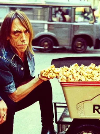 Image similar to “ iggy pop is selling popcorn at the popcorn booth in the street, movie screenshot, cinematic, epic, dramatic ”