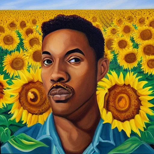 Image similar to a painting of a man standing in a field of sunflowers, an album cover by mac conner, trending on deviantart, harlem renaissance, official art, masterpiece, art