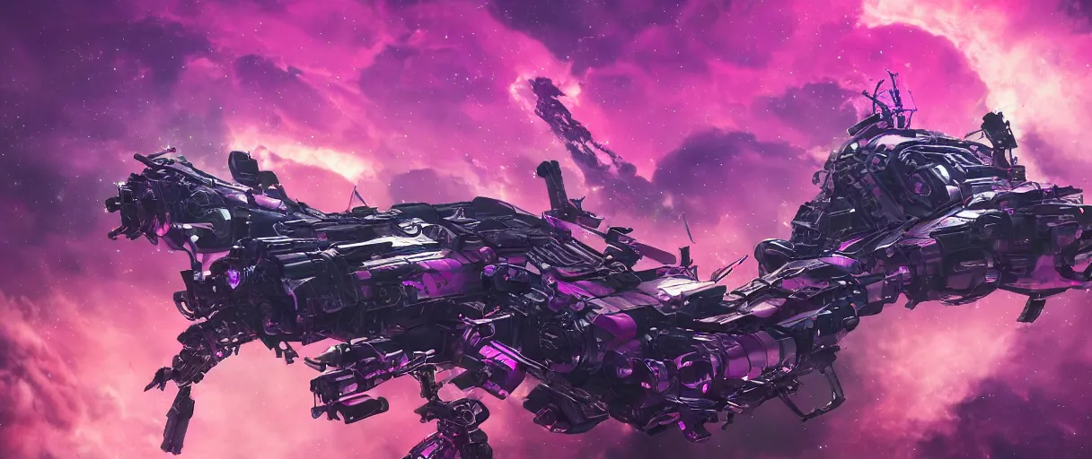 Image similar to space, a mechanical horse with a pink mohawk drives a pirate spaceship, punk, hyperdetailed illustration, stars, pink, neon, oil painting, rich deep colors masterpiece, pirate neon ship, ultra detailed, contrast, heaven pink, clouds, volumetric light, atmospheric lighting, dramatic, cinematic, moody, octane render 4 k, 8 k