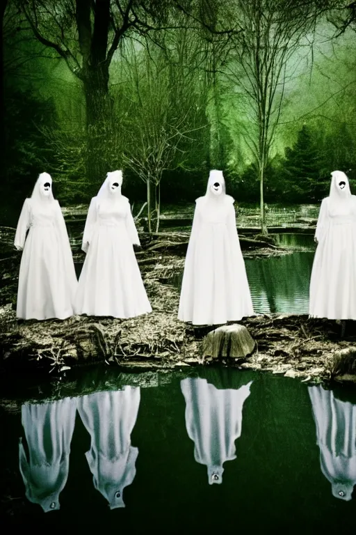 Image similar to 4 ghostly brides standing in a pond, cinematic, horror, photorealistic, vintage, unsettling