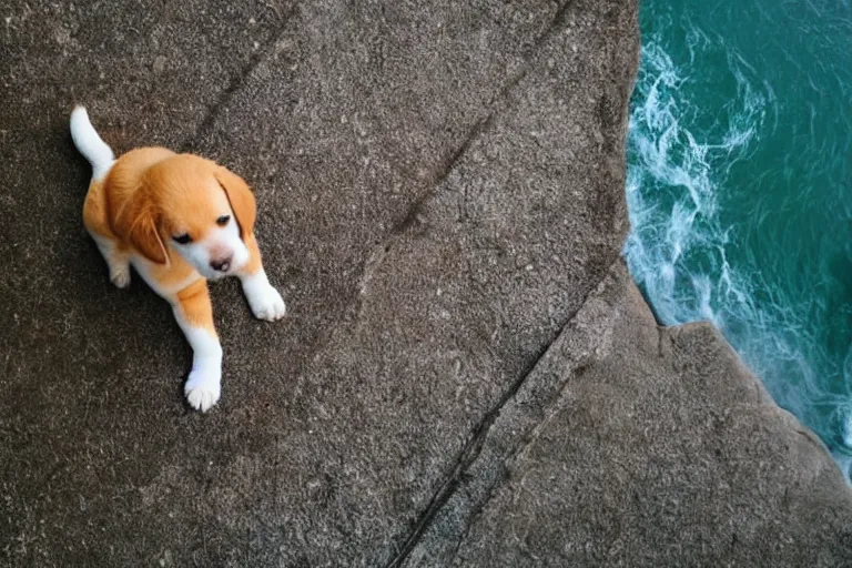 Prompt: an high angle view of a scared puppy that is looking directly down at the water below while standing at the edge