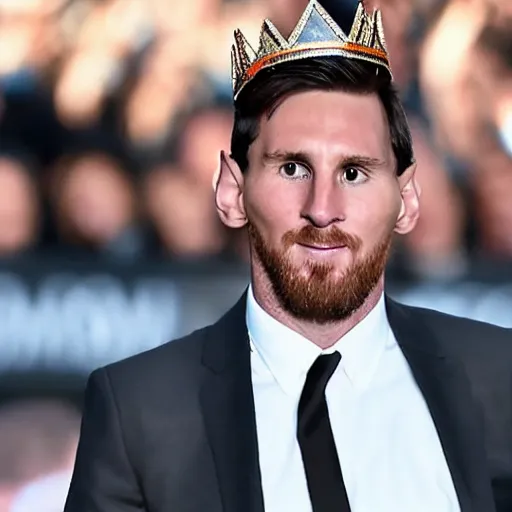 Image similar to photograph of Messi wearing a crown while dressed in a black tuxedo