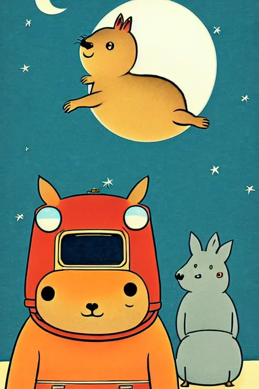 Prompt: by richard scarry. capybara on the moon. a 1 9 5 0 s retro illustration. studio ghibli. muted colors, detailed