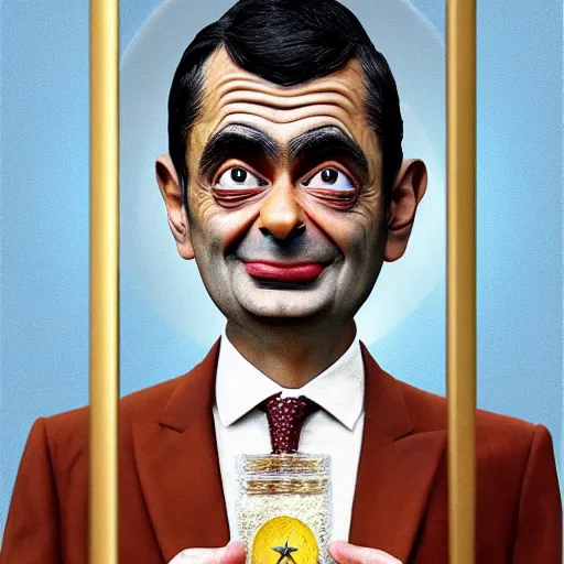 Prompt: beautiful astrotheology esoteric occult art of bionically accurate Mr Bean , award winning high resolution hyper realistic 4k 8k 16k
