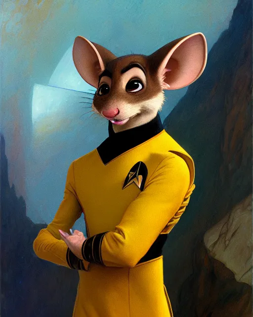 Image similar to painting of anthromorphic male rat in starfleet uniform, star trek, zootopia, fursona, furaffinity, 4 k, deviantart, furry art, very expressive detailed face, gaston bussiere, craig mullins, jc leyendecker, gustav klimt, artgerm, greg rutkowski, alphonse mucha