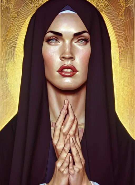 Image similar to portrait of megan fox as a sultry nun, bible, catholic, religion, cross, prayer, church, intricate, headshot, highly detailed, digital painting, artstation, concept art, sharp focus, cinematic lighting, illustration, art by artgerm and greg rutkowski, alphonse mucha, cgsociety