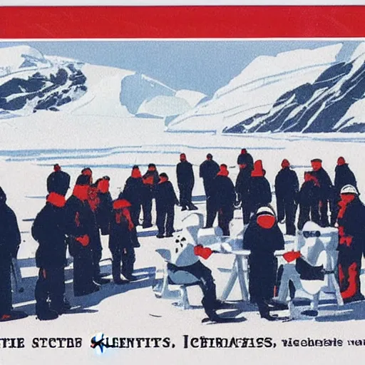 Prompt: UK postcard illustration of scientists in Antarctica