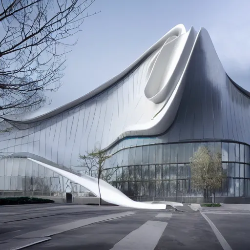 Image similar to raffaello moroder scissors building, external view, designed by zaha hadid, v ray, hd, futuristic