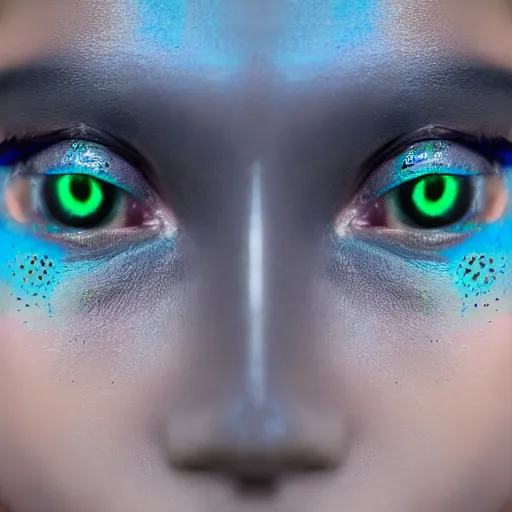 Image similar to photograph portrait of a beautiful alien, feminine, iridescent eyes, intricate detail, sigma 85mm f/1.4, 4k, depth of field, high resolution mode, 4k, 8k, hd