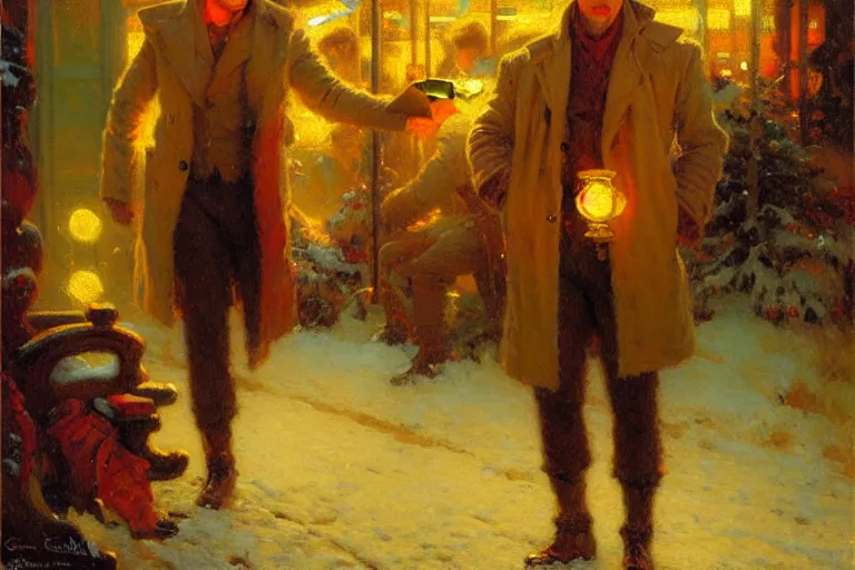 Image similar to winter, attractive male, neon light, painting by gaston bussiere, craig mullins, j. c. leyendecker