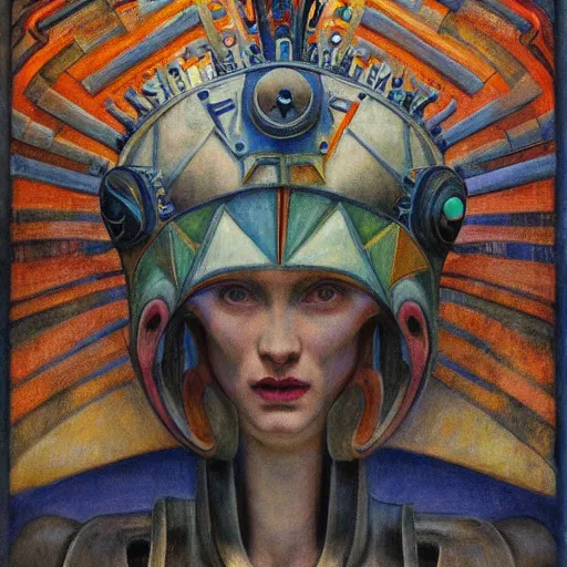 Image similar to the robot crown, by Annie Swynnerton and Diego Rivera , symbolist, dramatic lighting, elaborate geometric ornament, Art Brut, god rays, soft cool colors,smooth, sharp focus, extremely detailed, Adolf Wölfli and (Donato Giancola)