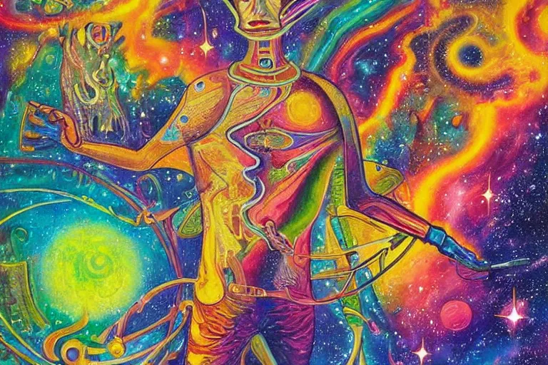 Prompt: high detailed painting of a psychedelic android in a mystic spiritual world, the war of spirits in the cosmos
