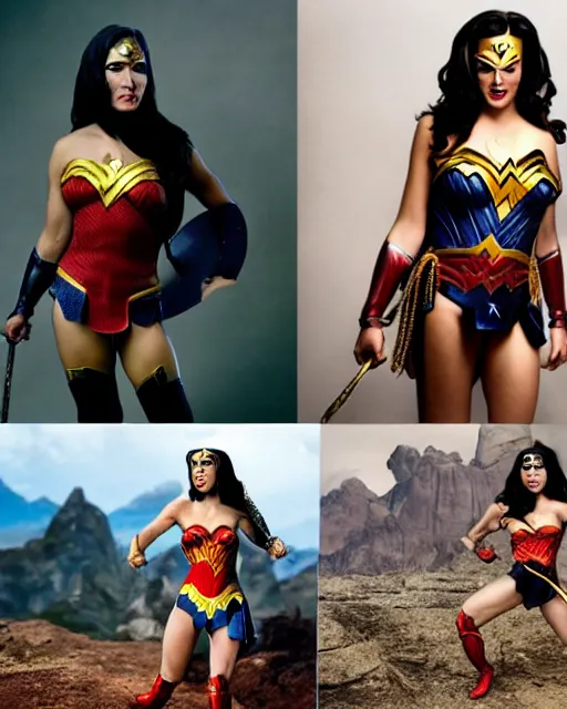 Image similar to photos of a Chimpanzee dressed as Wonder Woman. A chimpanzee wearing Wonder Woman’s outfit, Photography in the style of National Geographic, photorealistic