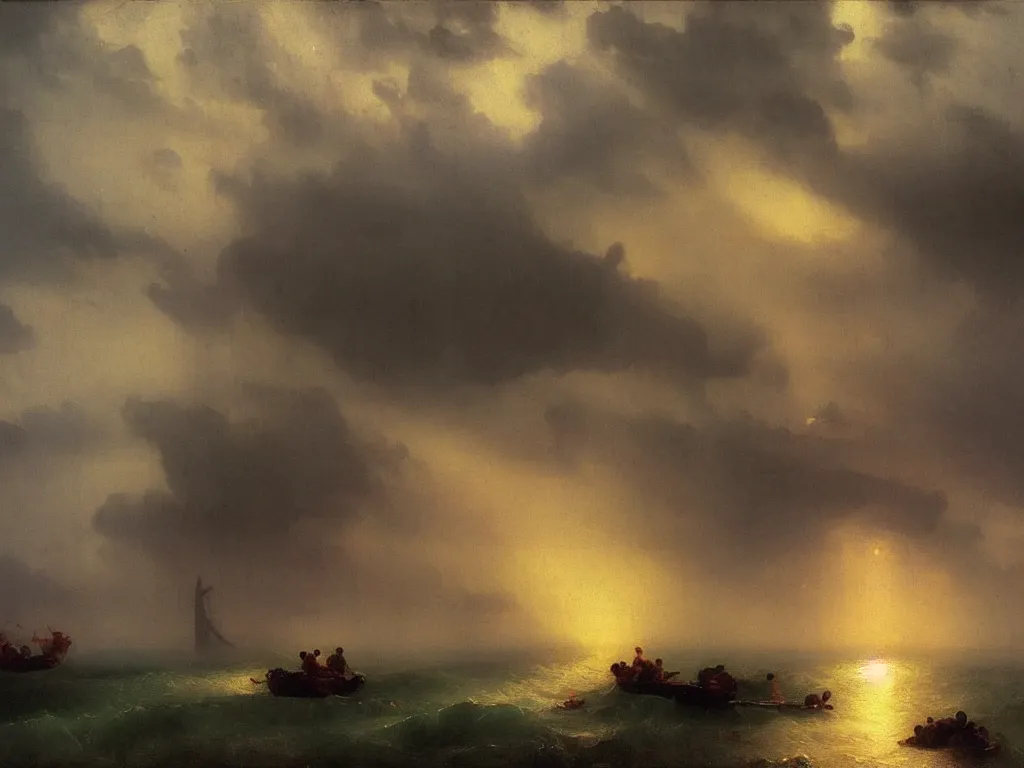 Prompt: heavy rain in south korea, bridges and buildings under water, beam of light through dark clouds, by Aivazovsky