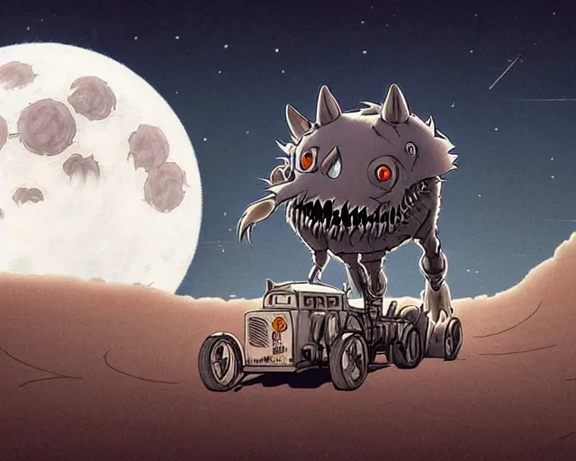 Image similar to a cell shaded cartoon grey lovecraftian mechanized wolf from howl's moving castle ( 2 0 0 4 ), with a big head, on a desert road, wide shot, in front of a big moon, muted colors, post grunge, josan gonzales, wlop, by james jean, victor ngai, hq, deviantart, art by artgem