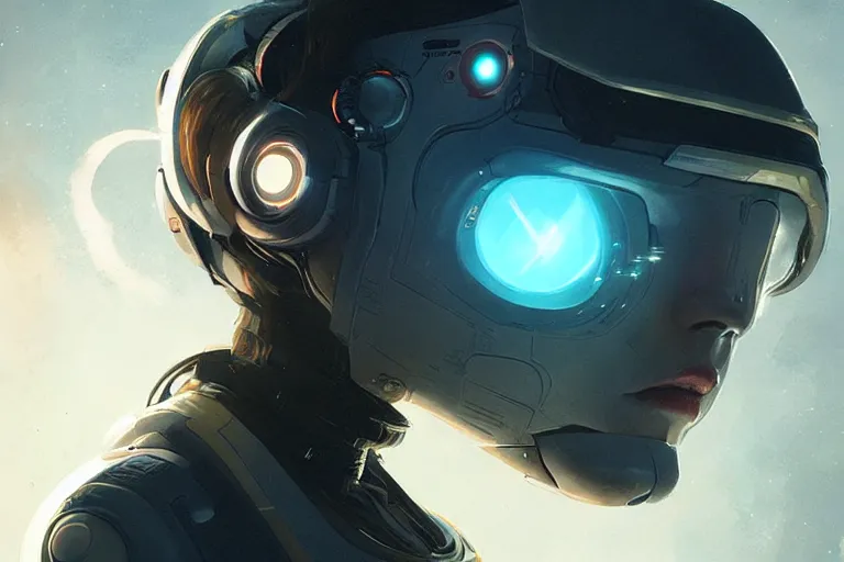 Image similar to portrait of a female space explorer, cyborg, FUTURISTIC, sci-fi, DETAILED DIGITAL ART, greg rutkowski, LENS FLARE