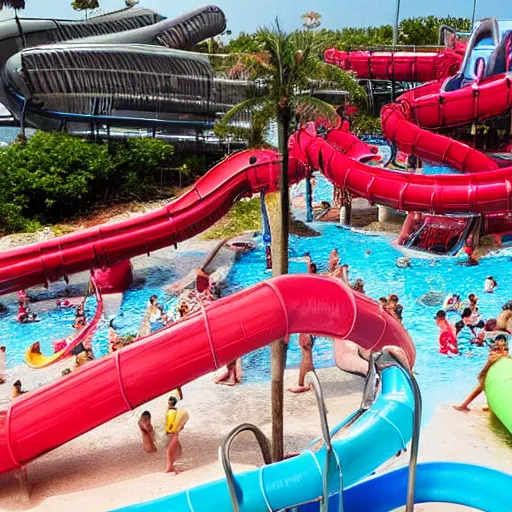 Prompt: the worst waterpark in the world, red dark dirty water, cracked broken slides, crowded, ugly design,
