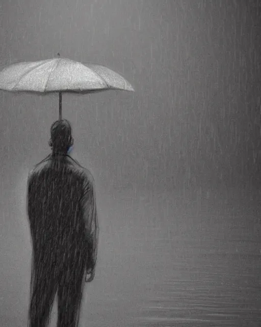 Image similar to a drawn man standing in the rain