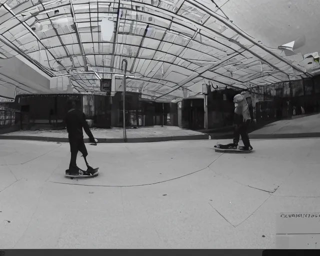 Image similar to camera footage of a Darpa Robots trying to stop skateboarders in an abandoned shopping mall, high exposure, dark, monochrome, camera, grainy, CCTV, security camera footage, timestamp, zoomed in, fish-eye lense, Robot, Skateboarding, Drone, Intense, Darpa,