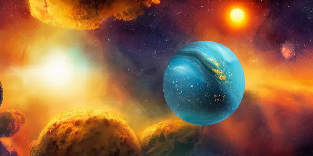 Image similar to a detailed matte painting of a marble - like water planet with continents orbiting a yellow sun in a sea of stars surrounded by colorful swirling gas clouds, by petros afshar, marc simonetti, trending on artstation, deviantart, planet, clouds, earth, exoplanet, stars, nubulae hubble, 8 k, 4 k