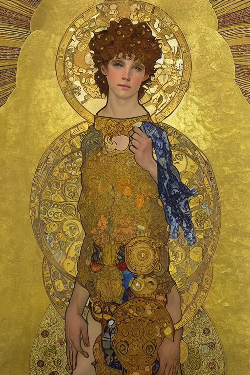 Prompt: a full body portrait of saint michael the archangel oil painting cross between the styles of alphonse mucha and gustav klimt gold leaf, intricate detailed,