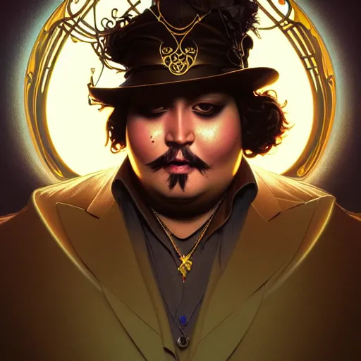 Prompt: fat overweight johnny depp, sci fi, glowing eyes, volumetric lights, gold theme, art nouveau botanicals, intricate, highly detailed, digital painting, artstation, concept art, smooth, sharp focus, cinematic, illustration, beautiful face, art by artgerm and greg rutkowski and alphonse mucha